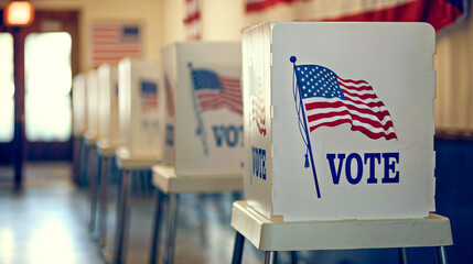 Voting privacy booths at an empty polling station, USA Election Day, wide, copyspace