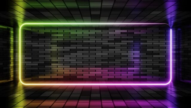 Neon frame colorful lights motion loops square on brick wall background 3d render. Neon speech bubble overlay. Text box design element. Seamless edging glow neon rectangle