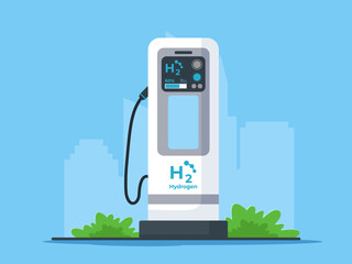 Hydrogen refueling station with dispensers for H2 vehicles. Flat illustration concept of hydrogen-powered transportation. Green energy flat illustration isolated in blue background