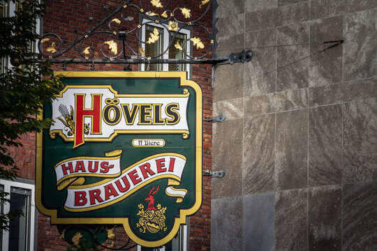 DORTMUND, GERMANY - NOVEMBER 12, 2022: Logo of Hövels Hausbrauerei in Dortmund city center. Hovels is an old traditional german brewery and restaurant known for its beer.