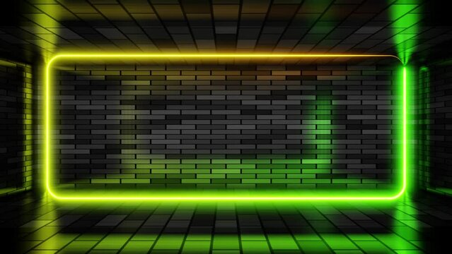 Neon frame green and yellow lights motion loops square on brick wall background 3d render. Neon speech bubble overlay. Text box design element. Seamless edging glow neon rectangle