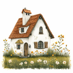 Watercolor cute house on white background.