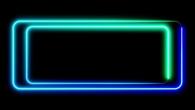 Random double neon frame blue and cyan lights motion loops square on black background 3d render. Neon speech bubble overlay. Text box design element. Seamless edging glow neon rectangle