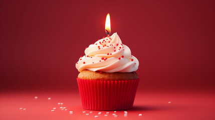 Birthday Bash: Red Cupcake with Candle and Frosting, Generative AI