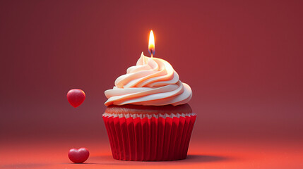 Party Perfection: Red Cupcake with Candle on Seamless Background, Generative AI