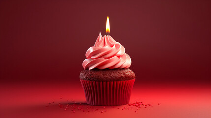 Delicious Delight: Cupcake with Single Candle and Red Frosting, Generative AI