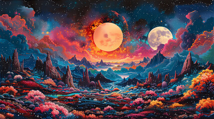 Colorful, surreal, and psychedelic fantasy landscape designs.
