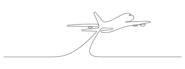 One continuous line drawing of Airplane path. Business Concept of world travel and international flight airline in simple linear style. Aircraft trip in Editable stroke. Contour vector illustration