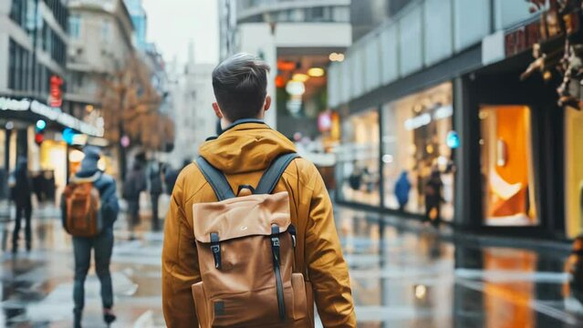 Young man with backpack walking in the city. Urban lifestyle concept.
