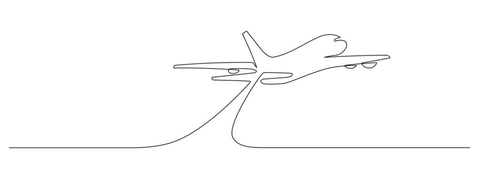 One continuous line drawing of Airplane path. Business Concept of world travel and international flight airline in simple linear style. Aircraft trip in Editable stroke. Contour vector illustration