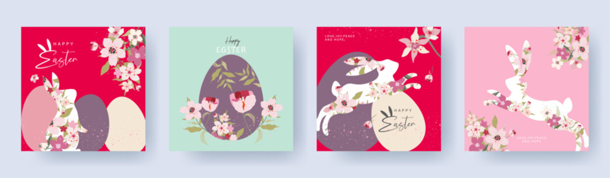 Set of Happy Easter greeting card with typography, easter rabbit, eggs, roses, leaves, floral bouquets, spring flowers compositions. Trendy posters, web banners, covers for Happy Easter. 