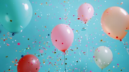 a birthday scene with colorful balloons scattered around the frame, complemented by confetti gently falling from above, creating a jubilant atmosphere