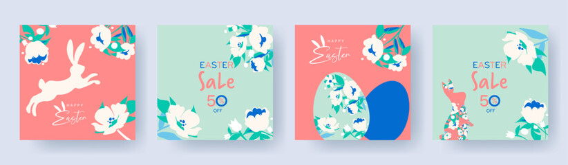 Set of Happy Easter greeting card with easter rabbit, eggs, roses, leaves, colorful floral bouquets, spring flowers compositions. Trendy posters, web banners, headers or covers for Happy Easter. 