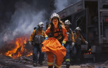A woman firefighter leads a team of expert firefighters in handling dangerous fire situations, demonstrating leadership, courage, and effective coordination to ensure the safety and successful