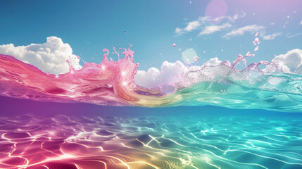 Fototapeta na wymiar Beautiful clear sea water, close up. Surreal, pastel rainbow colors, sun, clear sky, summer, beach.
