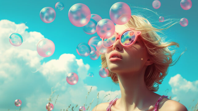Fresh summer surreal composition with a beautiful blonde girl and a bright sunny blue sky and colorful soap bubbles in the background. Concept of happiness and relax.