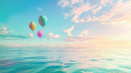 Fototapeta premium Sea, clear sky and beach in bright turquoise and pink shades. A surreal summer scene.