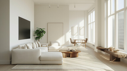 Modern living room interior with large windows, bright sunlight, and minimalistic furniture.
