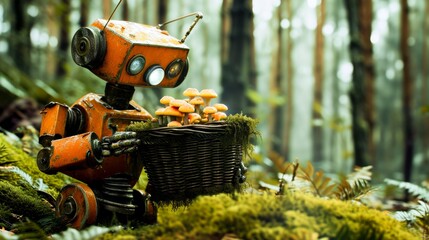 A charming robot with a basket of mushrooms in a misty forest setting .Great for storytelling or thematic art