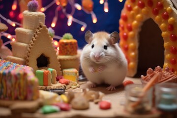 hamster surrounded by miniature decorations and candies