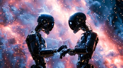 Fototapeta premium Two humanoid robots with dynamic sparks between them against a celestial backdrop.