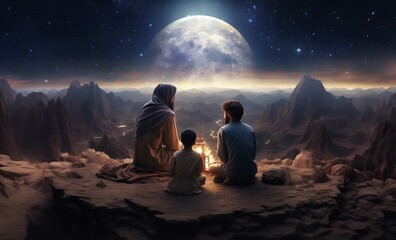 A Muslim family in the ancient mountains of the Sahara gathers to welcome the breaking of the fast at iftar during Ramadan, embodying traditions of unity, compassion, and gratitude in a serene and