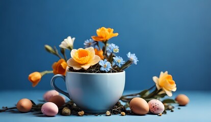 Generative AI a series of beautiful photos with Easter decorations blue crystal vase with flowers
 frische farbenfrohe Blumen in einer Vase

