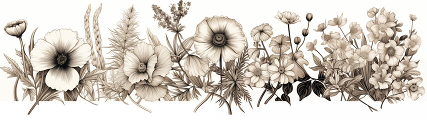 Vintage Floral Array in Pencil Sketch Style - obrazy, fototapety, plakaty