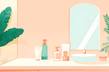 Illustarion of a bathroom with beauty products, copy space