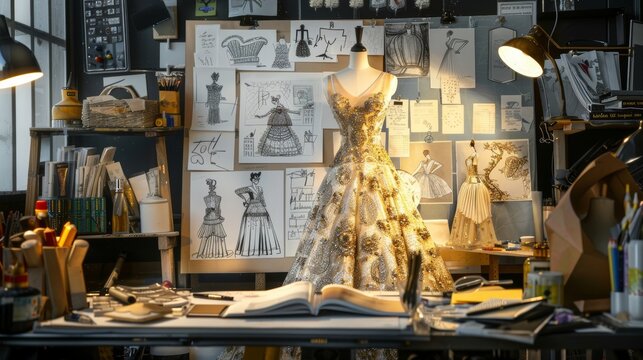 Fashion designer studio a personal computer working clothes hanging sewing machine and various sewing machines related on colorful fabric standing mannequin table, Fashion designer working studio.