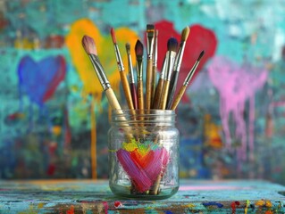 Paint brushes in a jar with colorful paint on a table. Generative AI.
