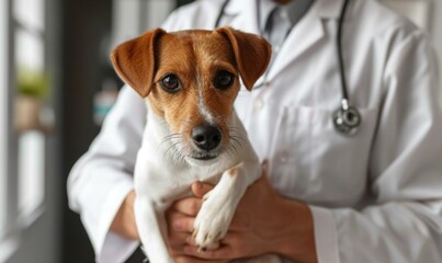 A  jack russell terrier dog is being held by a vet. Generative AI. - obrazy, fototapety, plakaty