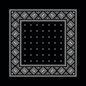 Simple Black Bandana decorated with white geometric ornament that can be applied to fabrics of various colors