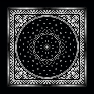 Simple Black Bandana decorated with white geometric ornament that can be applied to fabrics of various colors
