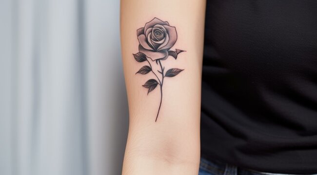 A black and white rose tattoo on the arm. Generative AI.