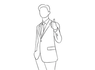 Vector illustration of a half body man making a like hand gesture with black lines on a white background