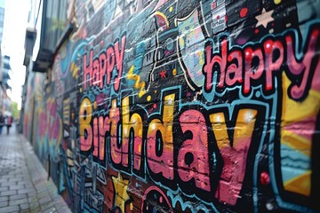 Lettering Happy Birthday. Street graffiti. Background with selective focus and copy space