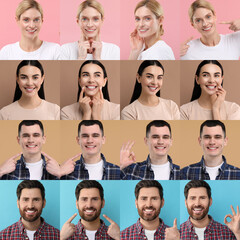 Fototapeta na wymiar People with showing white teeth on different color backgrounds, collage of photos