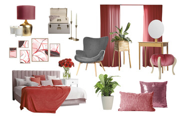 Stylish bedroom interior with different decorative elements and furniture on white background. Mood...