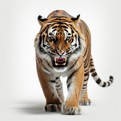 Obraz premium Majestic tiger walking forward with a fierce expression on a seamless white background.