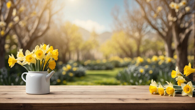 Empty wooden table for product display with daffodil garden background