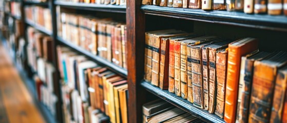 A row of books on a shelf in a library. Generative AI.