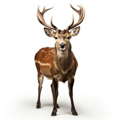 Majestic stag with large antlers standing isolated on white background.