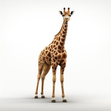 Elegant giraffe standing against a white background, looking at the camera with a calm expression.
