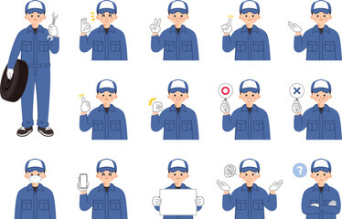 整備士の若い男性　表情とジェスチャーのイラスト素材セット