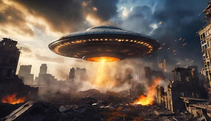 Badezimmer Foto Rückwand UFOに破壊された都市　AI画像　ジェネレーティブAI © スタジオサラ
