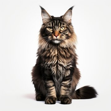A cat standing against a white background, looking at the camera with curious eyes.