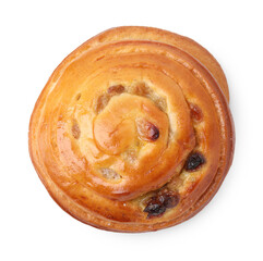 Delicious roll with raisins isolated on white, top view. Sweet bun