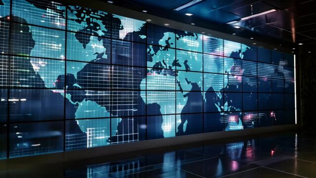 futuristic digital world map on large monitor screen corporate media video wall mainstream media set news broadcast concept Generative AI