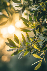 Fototapeta na wymiar Olive tree branch close up at morning sunlight